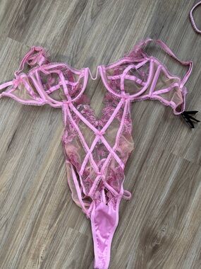 For Love and Lemons Grace Flower Floral Sheer Pink Lace Strappy Teddy Bodysuit